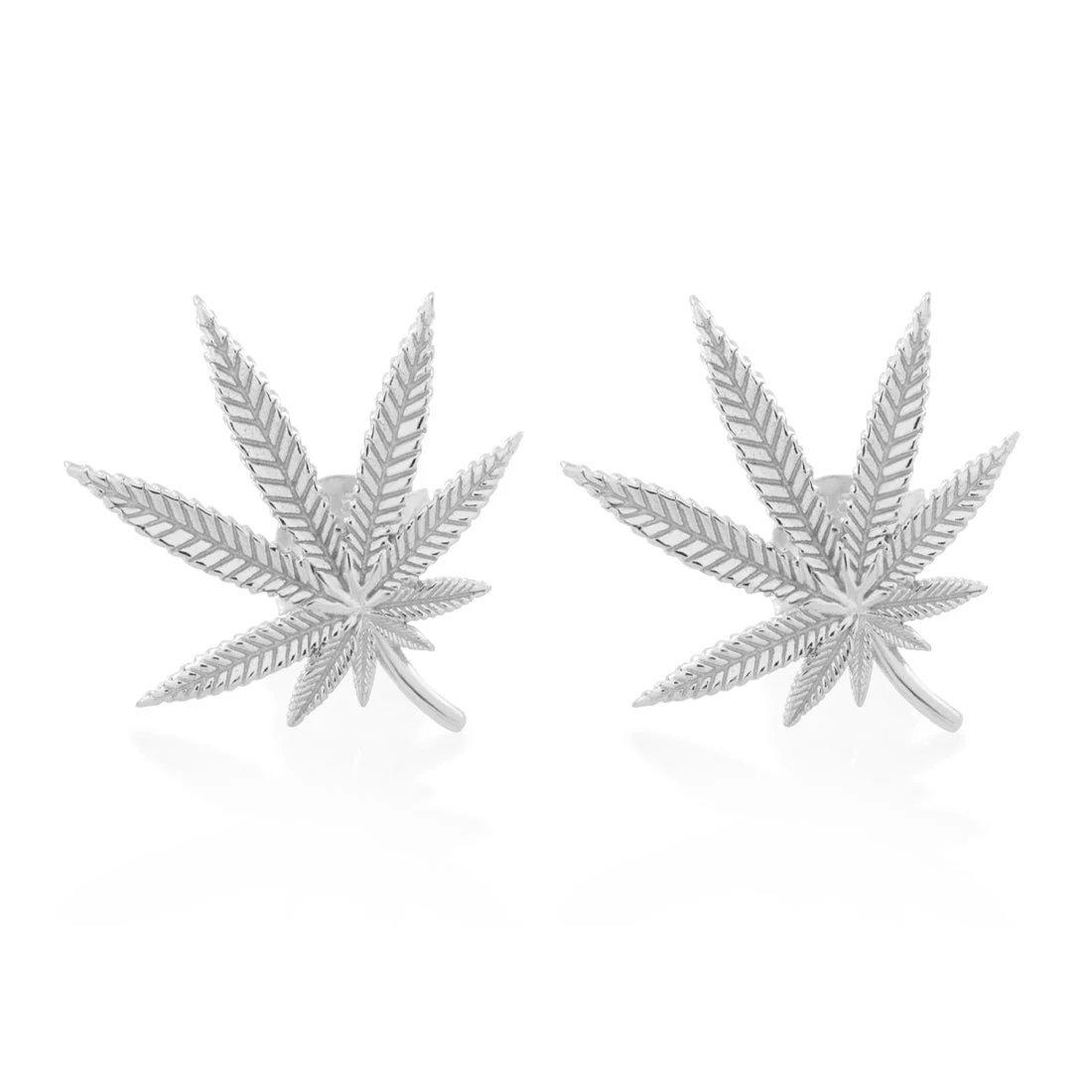 King Ice Cannabis Leaf Stub Earrings - WHITE GOLD